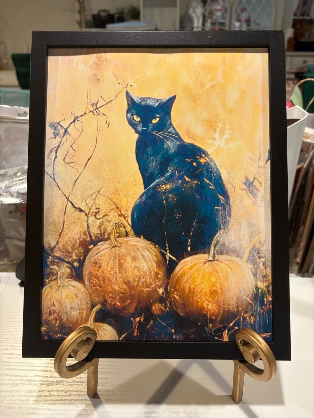 Framed Black Cat & Pumpkin 8x10 Fall Wall Art - Black and Orange